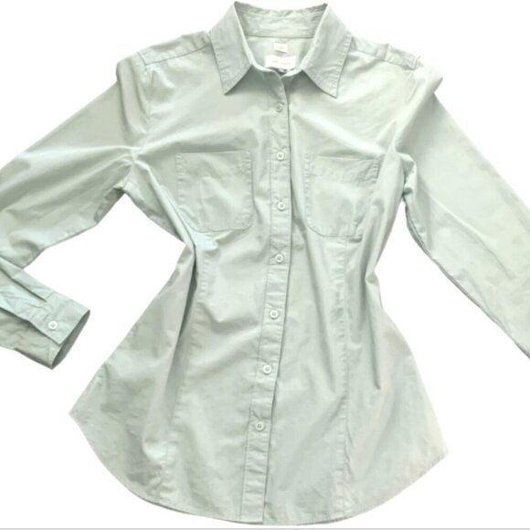 Ann Taylor Loft The Softened Shirt Sz M Cotton Button Front Pockets Green #58K - Picture 2 of 8
